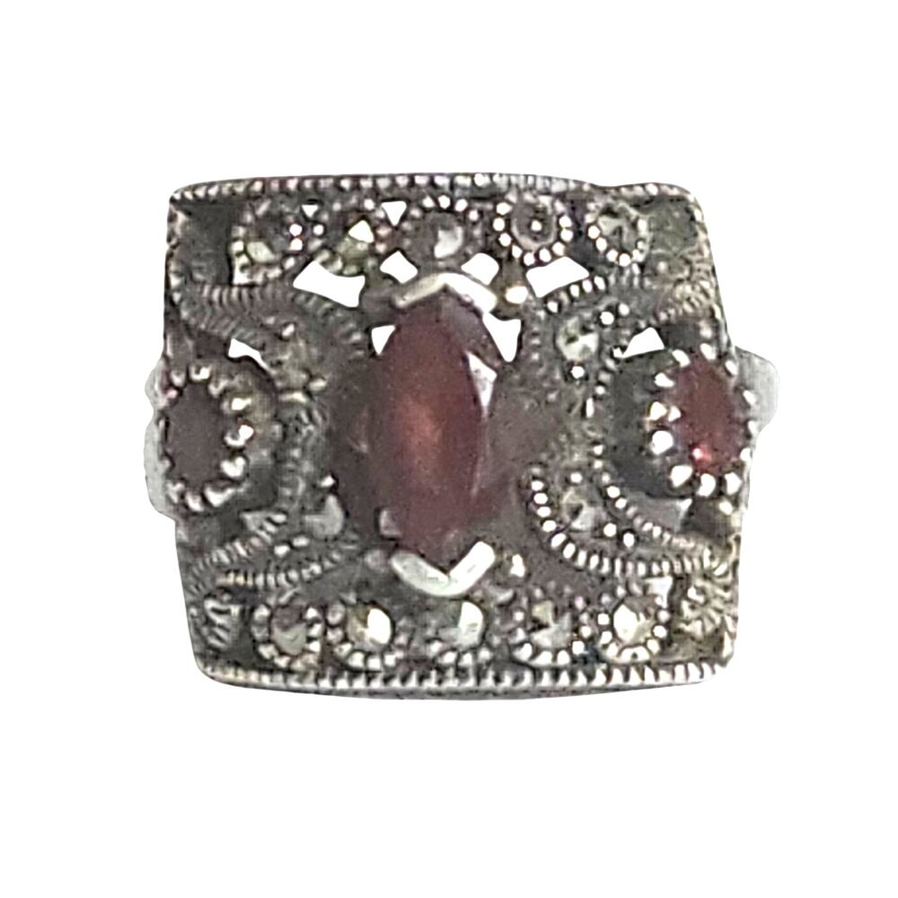 Vtg Thai 925 Sterling Silver Garnet Marcasite Art Deco Statement Ring Sz 9.25